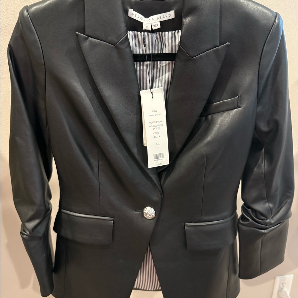 New Veronica Beard Hollis Dickey Jacket Black Leather Blazer Silver Button Sz 00